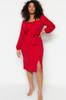 Women's Fashion New Plus Big Size Dress Red Tie Detailed Woven Slit Dress