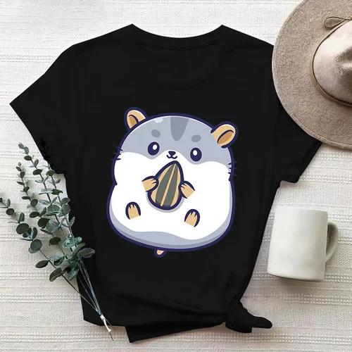 Cartoon Cute Hamster Cartoon Cute Hamster Baby Round Neck Big Size Round Neck Black T-shirt Woman Tops