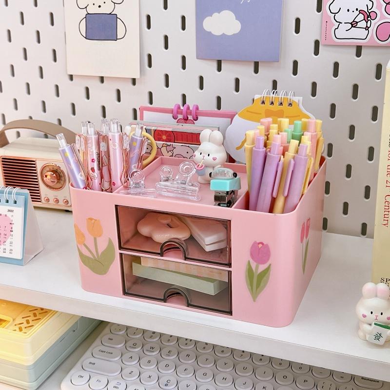 Kawaii Destop Organizer with Sticker Multi-function Lagre Capacity Drawer Stationery Holder Jewelry Hairclip Storage Student