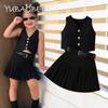 Girls Black Formal Suit Fashion V-neck Single-breasted Vest + Pleated Skirt With Belt 3-piece Set for 2 3 4 5 6 Years Old Child