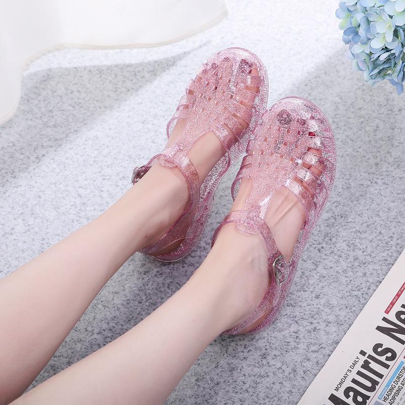 Hollow Out Bling Rainproof Jelly Sandals Women Summer Candy Shoes Woman Slippers Cover Toe Flat Femmes Sandales Pvc Sandalias