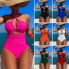 2025 European & American High-Waisted Solid Color Backless Halter Swimsuit
