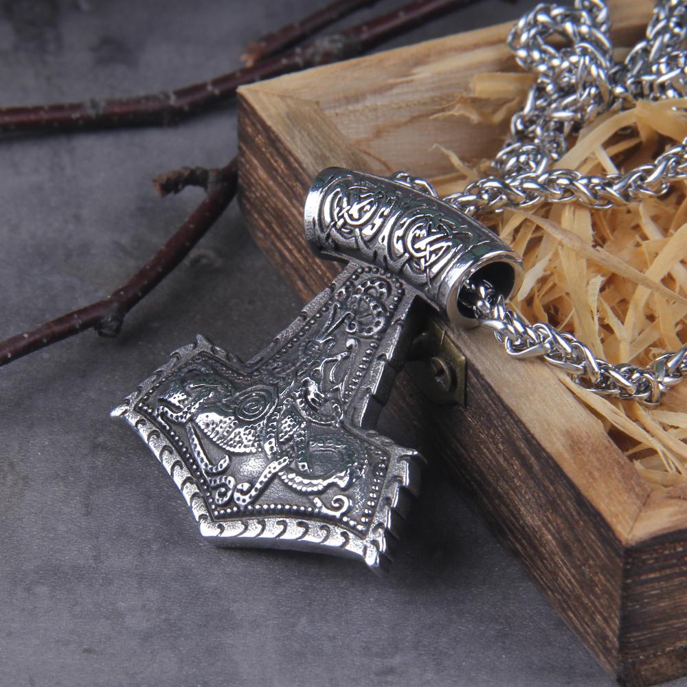 Norse Vikings Thor Hammer Mjolnir Necklace Stainless Steel Chain Viking Rune Amulet Vegvisir Pendant Male Jewelry