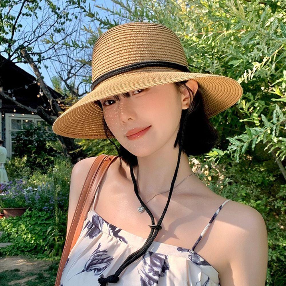 Wide Brim Straw Bucket Hat Summer Visor Cap American Women's Straw Hat Travel