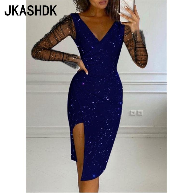 JKASHDK Женские модные весенне-осенние однотонные коктейльные и вечерние платья с длинным рукавом и v-образным вырезом со средней талией