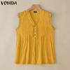 VONDA Women Summer V Neck Sleeveless Buttons Up Lace Crochet Hem Casual Tank Tops