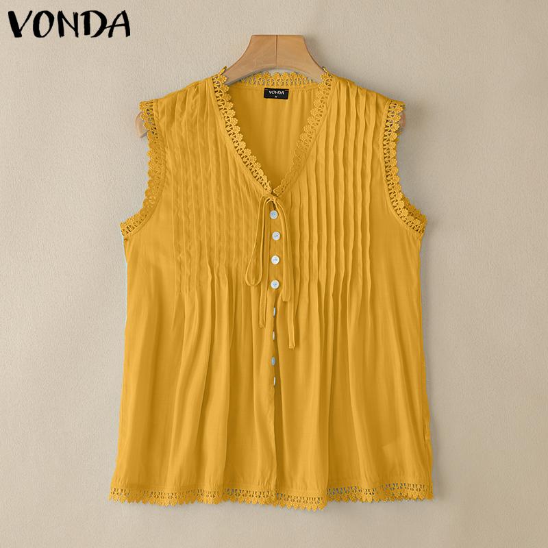 VONDA Women Summer V Neck Sleeveless Buttons Up Lace Crochet Hem Casual Tank Tops