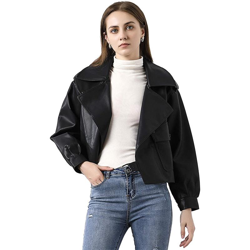 Осенняя короткая куртка из искусственной кожи с отложным воротником, женская мотоциклетная байкерская куртка из искусственной кожи, свободная уличная верхняя одежда в стиле панк