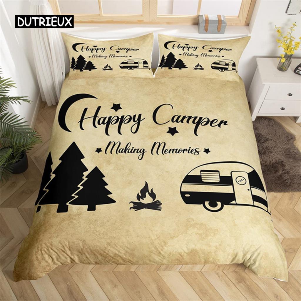 Пододеяльник в деревенском стиле с рисунком в виде эскиза, наволочка из полиэстера с рисунком Happy Camper, наволочка для пододеяльника в стиле старого амбара