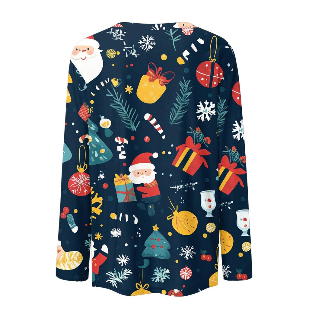 Женская модная повседневная футболка с круглым вырезом и рождественским принтом и длинными рукавами