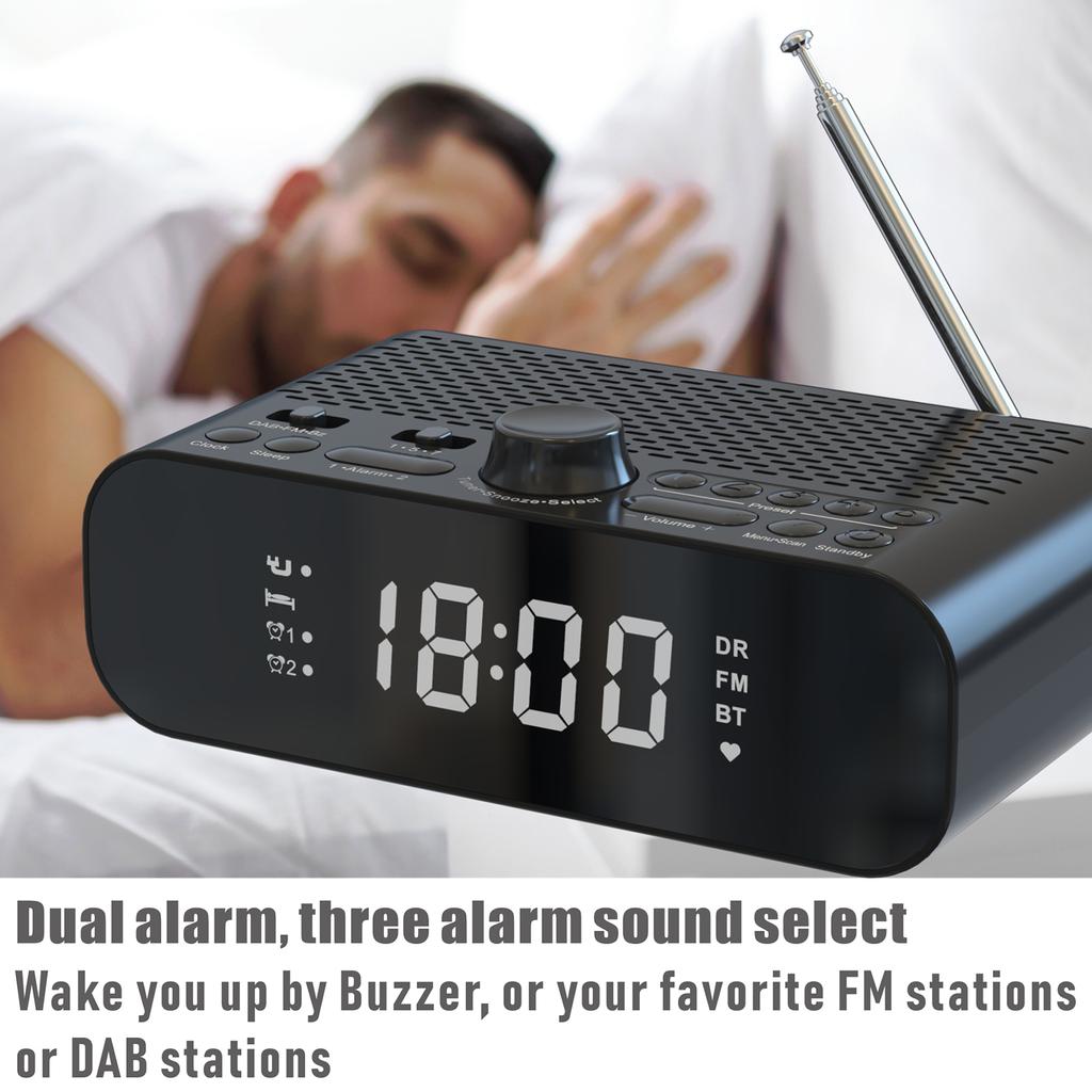 Цифровые прикроватные DAB/FM-часы-радио с функцией потоковой передачи данных по Bluetooth, большим светодиодным дисплеем, двойным будильником, длительной работой