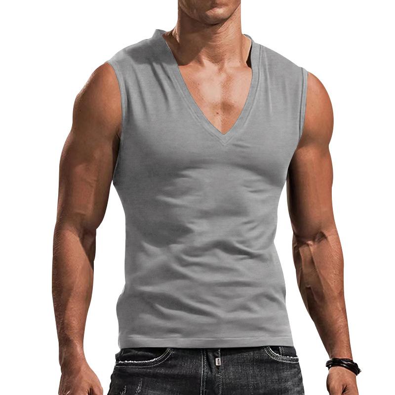 Men's Muscle Sleeveless T-shirt Men Summer Loose Tank Top Solid V Neck Vest Tee Men Tops