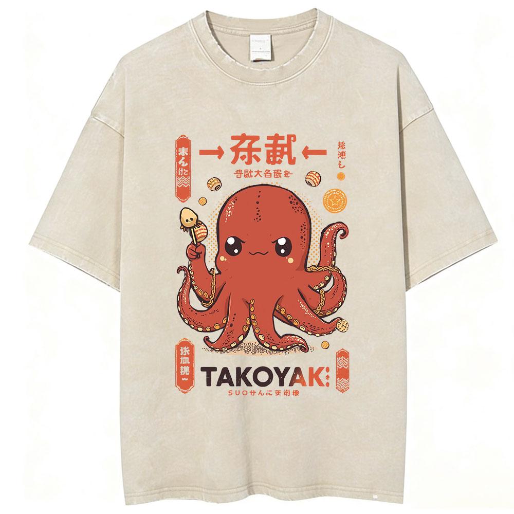 Japanese Octo Beats Osaka Dotonbori Drunken Octopus Funny T Shirts Men Women Vintage Washed Oversized Cotton TShirts Streetwear