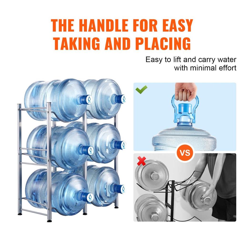 3 Tiers Water Jug Holder Double Row Water Bottle Rack for 6 Bottles Silver