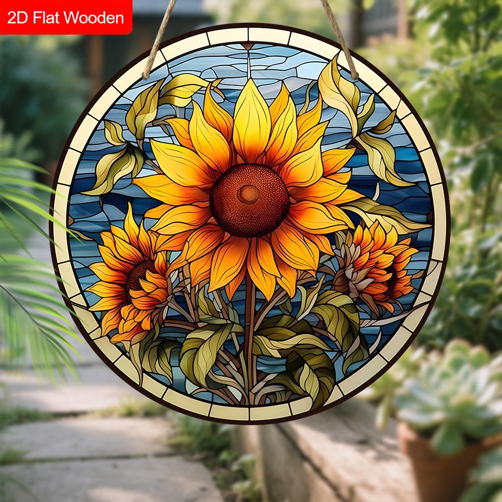 Rustic Wooden Sign with Sunflower Pattern, Round Sign for Front Door, Wall Hanging Decor, Ideal Gift for Friend & Family