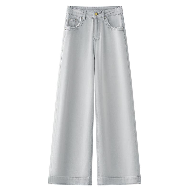 Женские джинсы 2025 года светло-серого цвета с высокой посадкой, облегающие, свободного кроя, с вариантами узких и широких штанин для весны/лета.