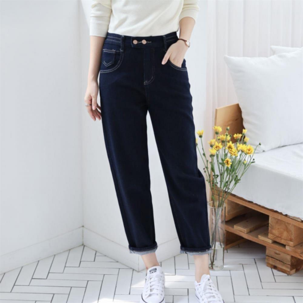 New Arrivals Open Run Women Button Stitch Semi Baggy Fit Denim Pants Big Size