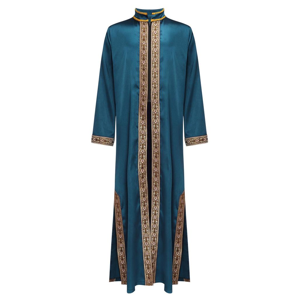 Boys Arab Gown Islamic Robe Long Sleeve Stand Collar Gold Embroidery Maxi Kaftan Festival Holiday Costume