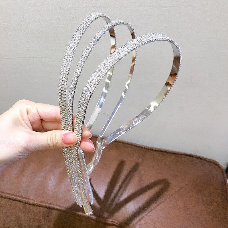 Korean Trend Full Rhinestone Long Tassel Head Band For Women Hair Accessories Metal Silver Crystal Headband Luxury Wedding Jewelry