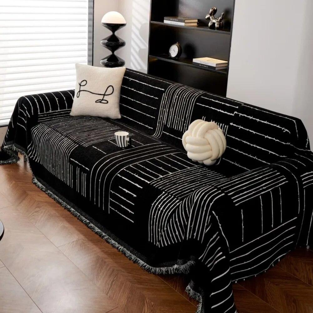 Black White Lines Couch Covers Luxury Sofa Cover Cloth Slipcover Non-Slip Cloth Sofa Cushion Blanket Decorative Dust Cover