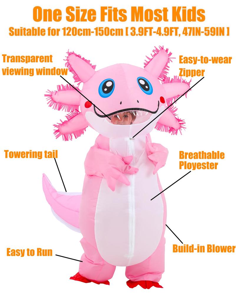 JOYBRO Inflatable Axolotl Funny Animal Axolotl Costume for Boys and Perfect for School and One Size Fits Kids' Costume, Girls, Halloween, Festivals,