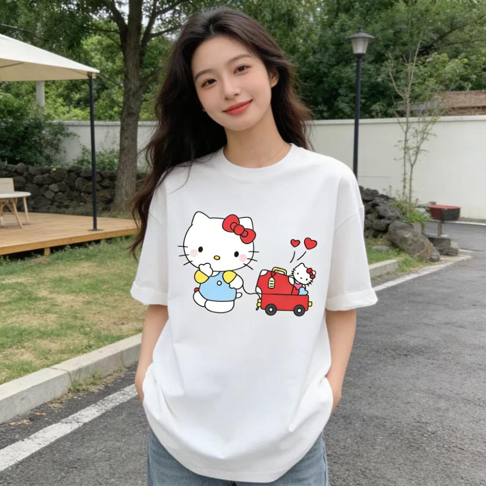 Summer Hello Kitty Cartoon Printed Short Sleeve Pure Cotton Tshirt Womens Family Matching Outfits Classic Fashion Tee Top