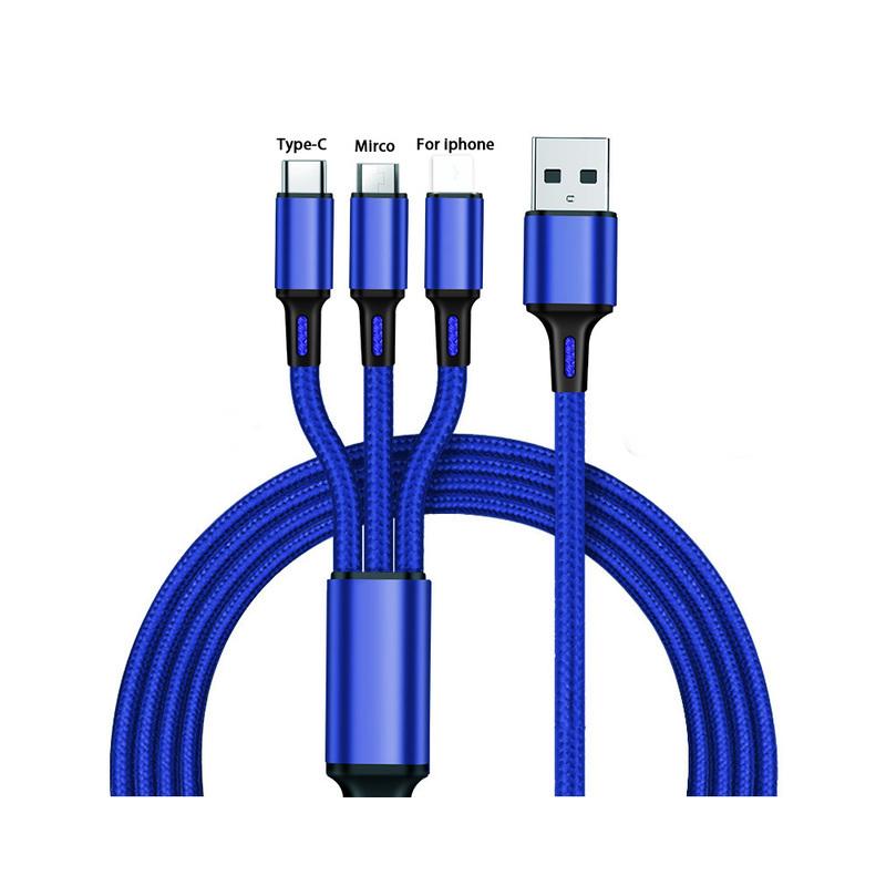 Weaving One To Three Data Cables Usb Port Multiple 3In1 Micro USB Type C Charger Cable For Ios/Android/Type-C USB Charging Cable
