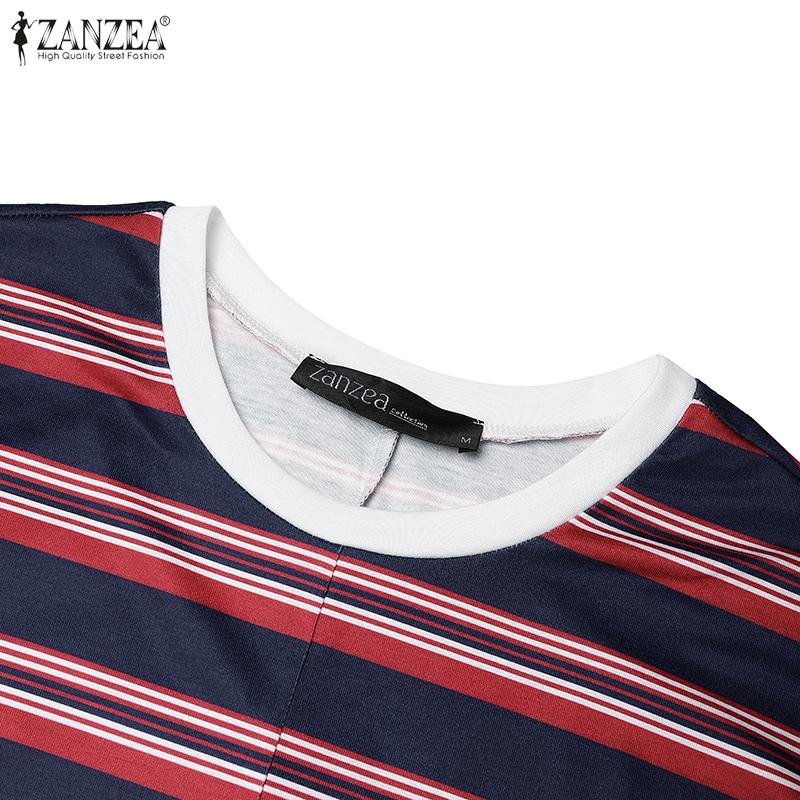ZANZEA Женское повседневное летнее платье с круглым вырезом, коротким рукавом, в полоску, пэчворк, длинное