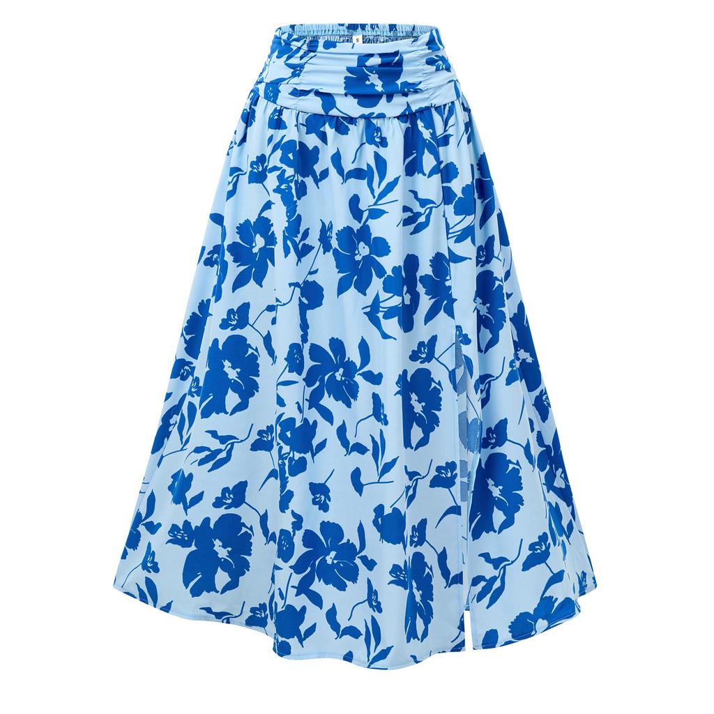 Женская весенняя юбка с цветочным принтом, летняя повседневная юбка А-силуэта с высокой талией и разрезами средней длины S-XL