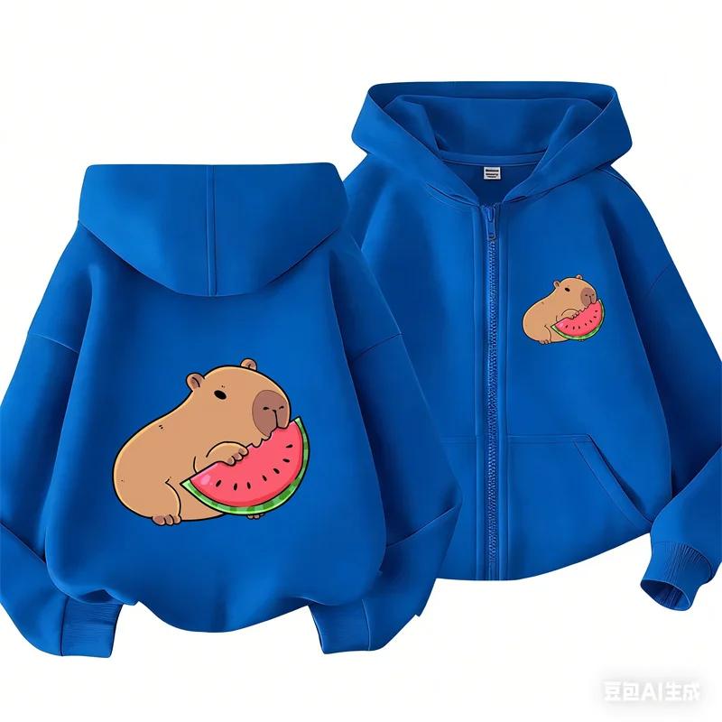 Kids Yellow Zip Up Hoodie Cartoon Capybara Eating Watermelon Print Loose Long Sleeve Outerwear