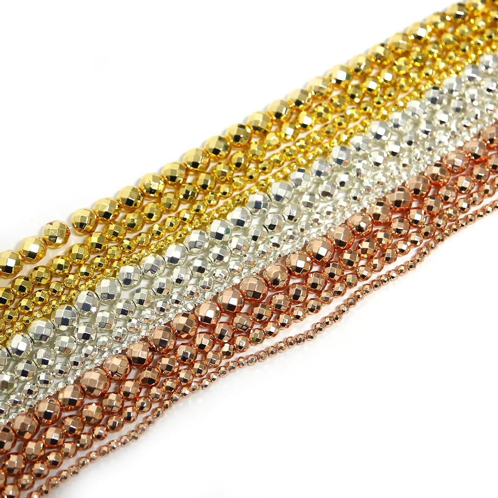 Gold Silvers Faceted Round Black Hematite Natural Stone 4/6/8/10mm Spacer Loose Beads For Jewelry Making