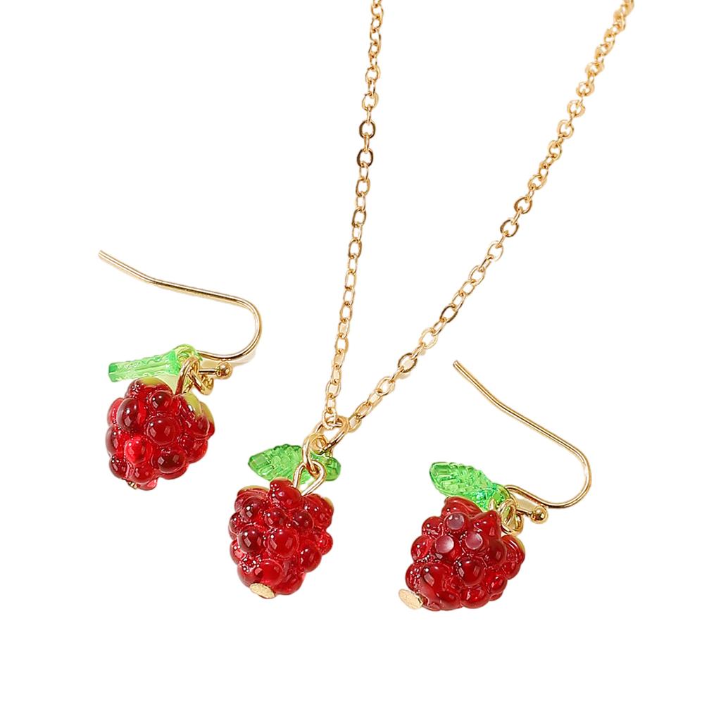 Raspberry Charm Jewelry Set for Women Fashionable Alloy Necklace and Earrings Fruit Theme Accessories for Daily Wear