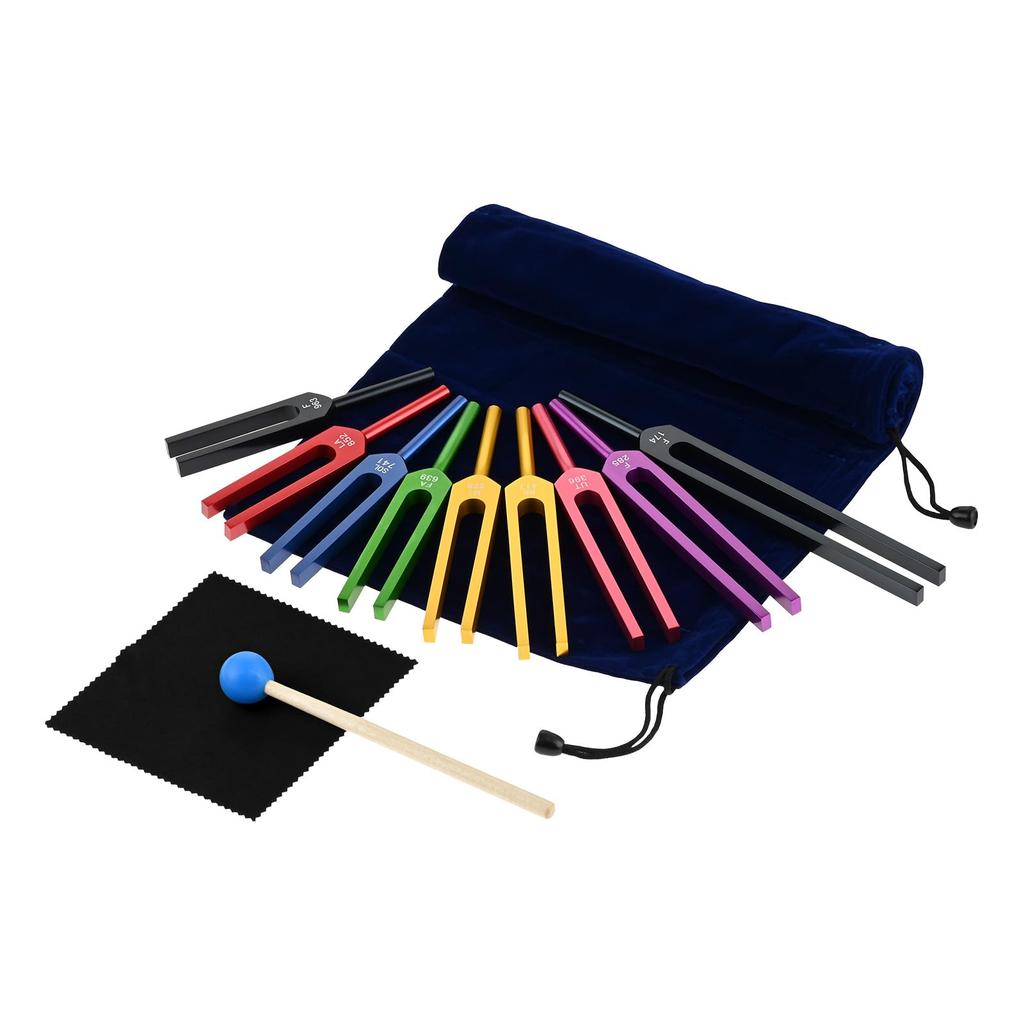 Dreld Tuning Fork Chakra Sound Healing Therapy Tool for and with Silicone Hammer and Wooden Stand for Better Resonance and Silver 285 396 417 528 639