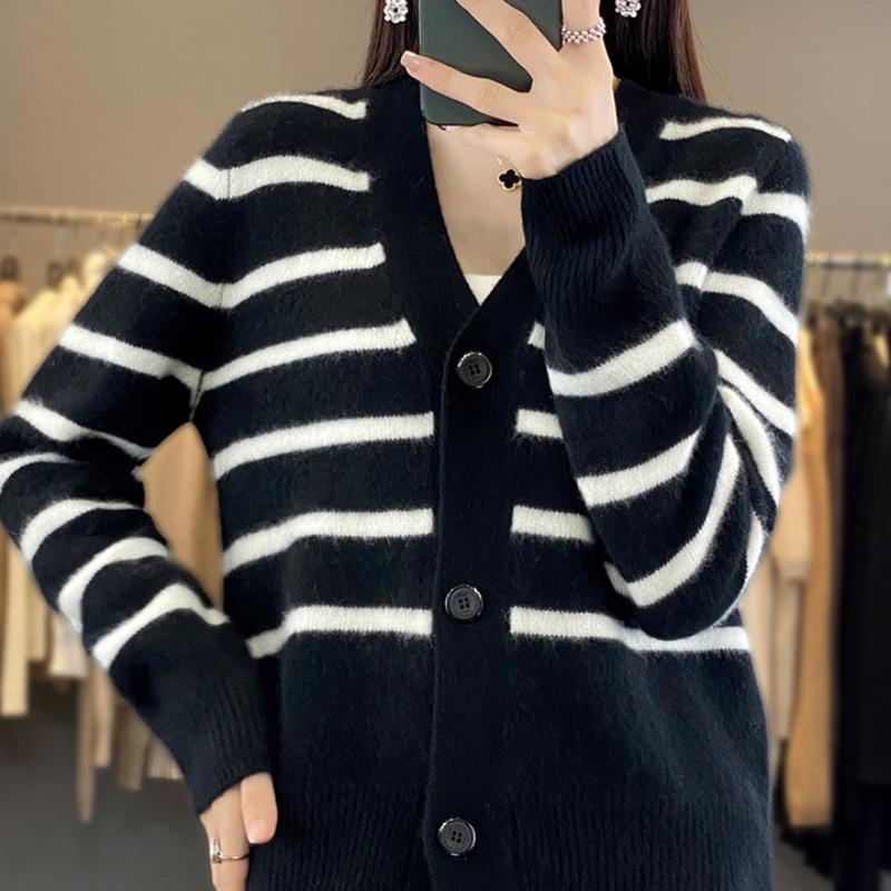Striped Wool Cardigan for Women In Autumn and Winter Style, Fashionable Loose and Versatile Cashmere Jacket, Skin-friendly and Warm Top