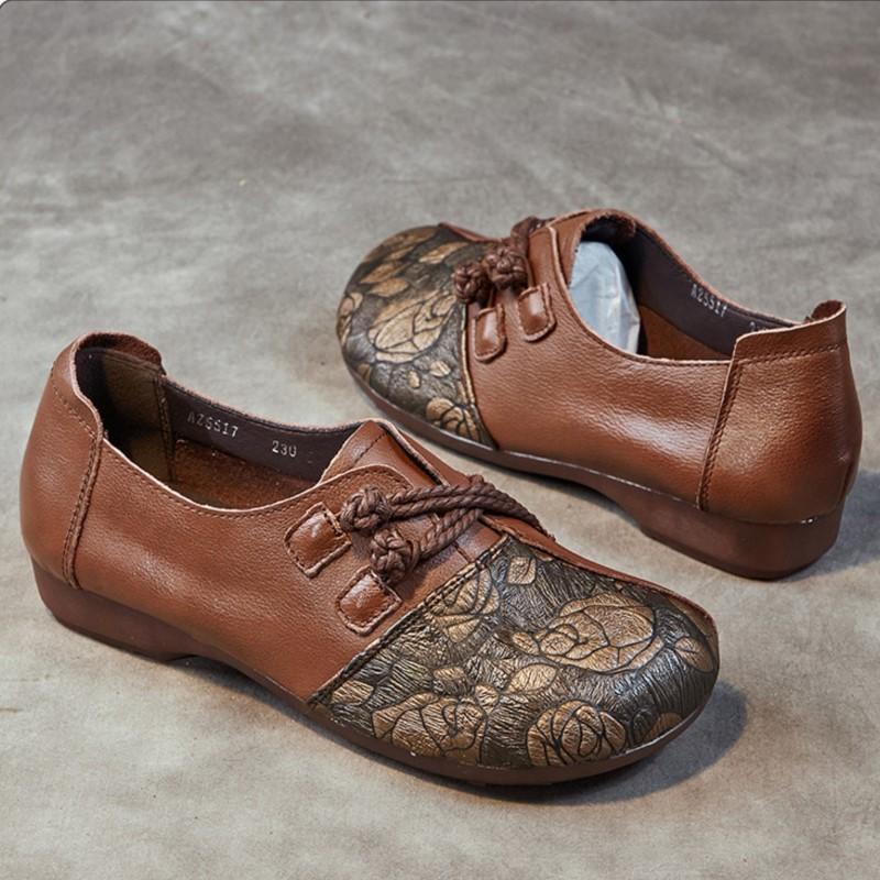 Johnature Туфли из натуральной кожи на мягкой подошве в этническом стиле, женские туфли без шнуровки на плоской подошве с круглым носком и принтом в стиле ретро