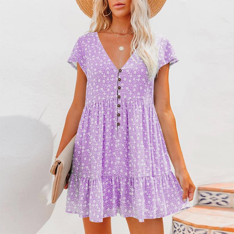Summer Women'S Chiffon Dress Sexy V-Neck Floral Mini Beach Dresses Fashion Ruffles Button Loose Femme Sundress Vestido