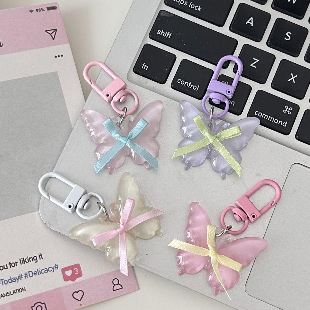 Sweet Jelly Butterfly Pendant Resin Ribbon Bow Keyring Creative Butterfly Keychain Couple