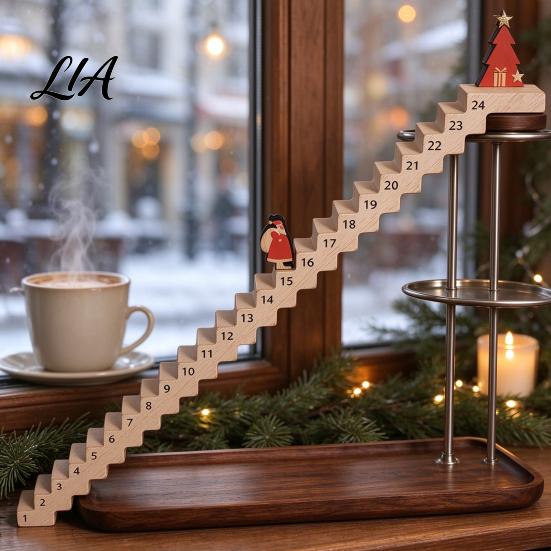 Santa Claus Tabletop Ornament Christmas Staircase Countdown Calendar, Wooden with Advent Calendar for Home Doll, 24 Days Holiday Bookshelf Display