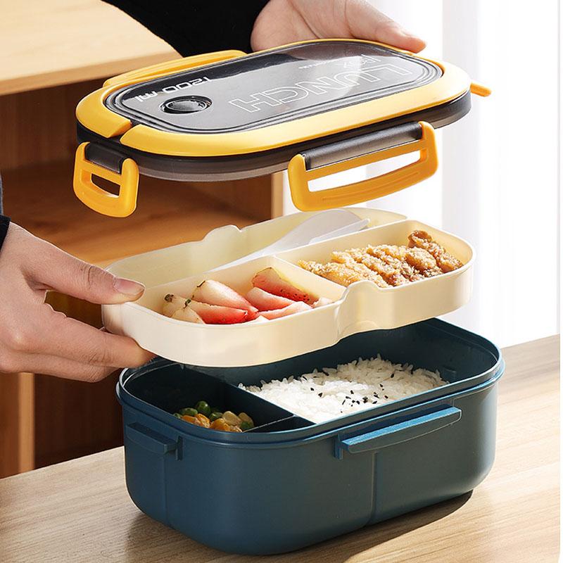Microwave Lunch Box with Fork Spoon Portable Hermetic Lunch Box 2 Layer Grid Children Student Office Bento Box Food Storage Container