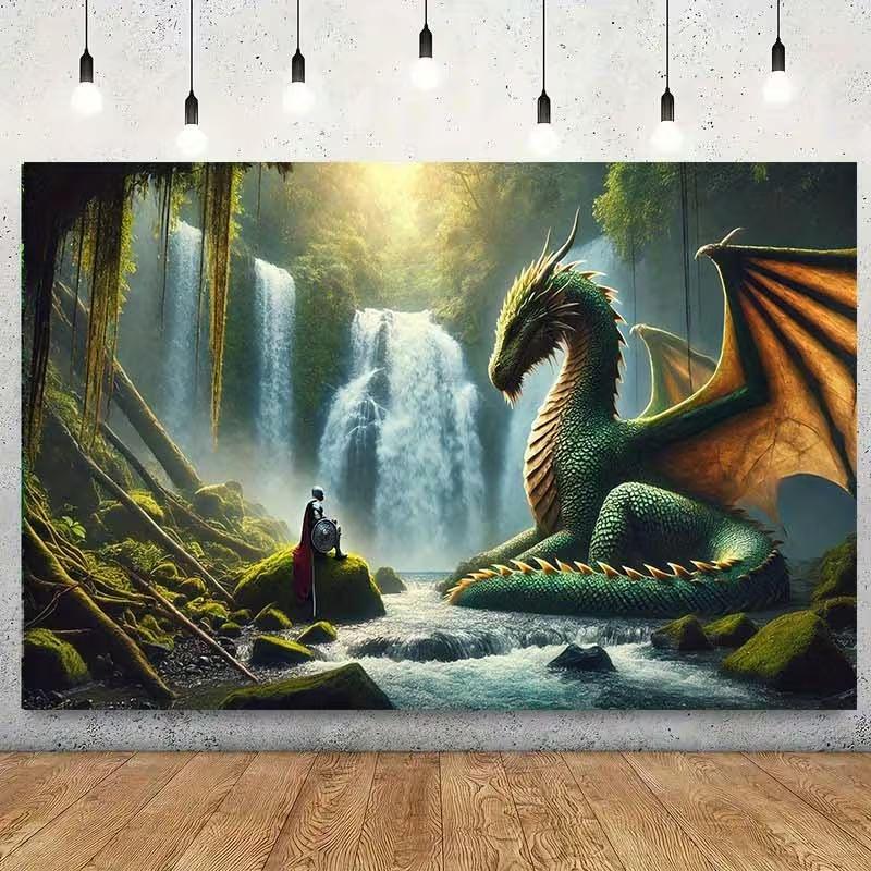 2D Fantasy Dragon & Warrior Tapestry Enchanted Forest Waterfall Background Cloth