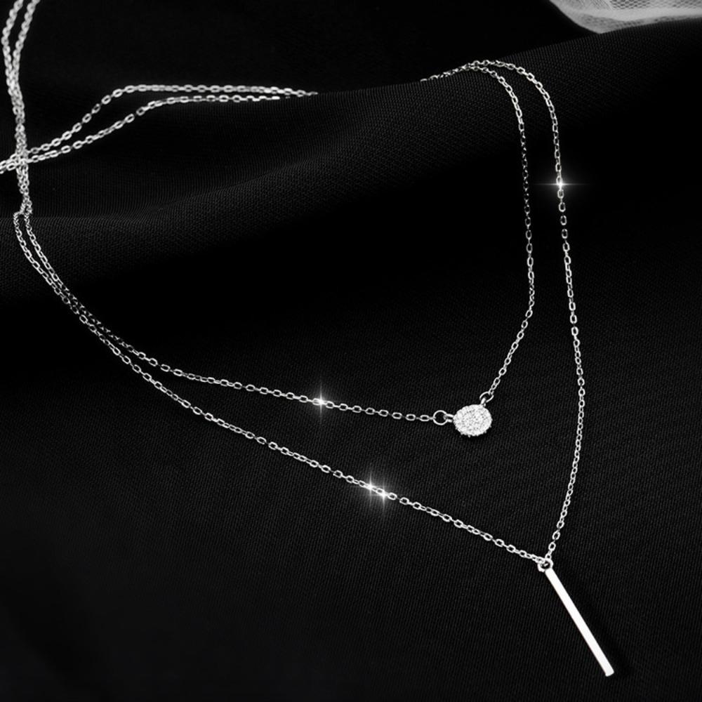 Elegant Square Bar Shiny Crystal Round Double Layer Necklace Women Simple Fashion Collarbone Chain