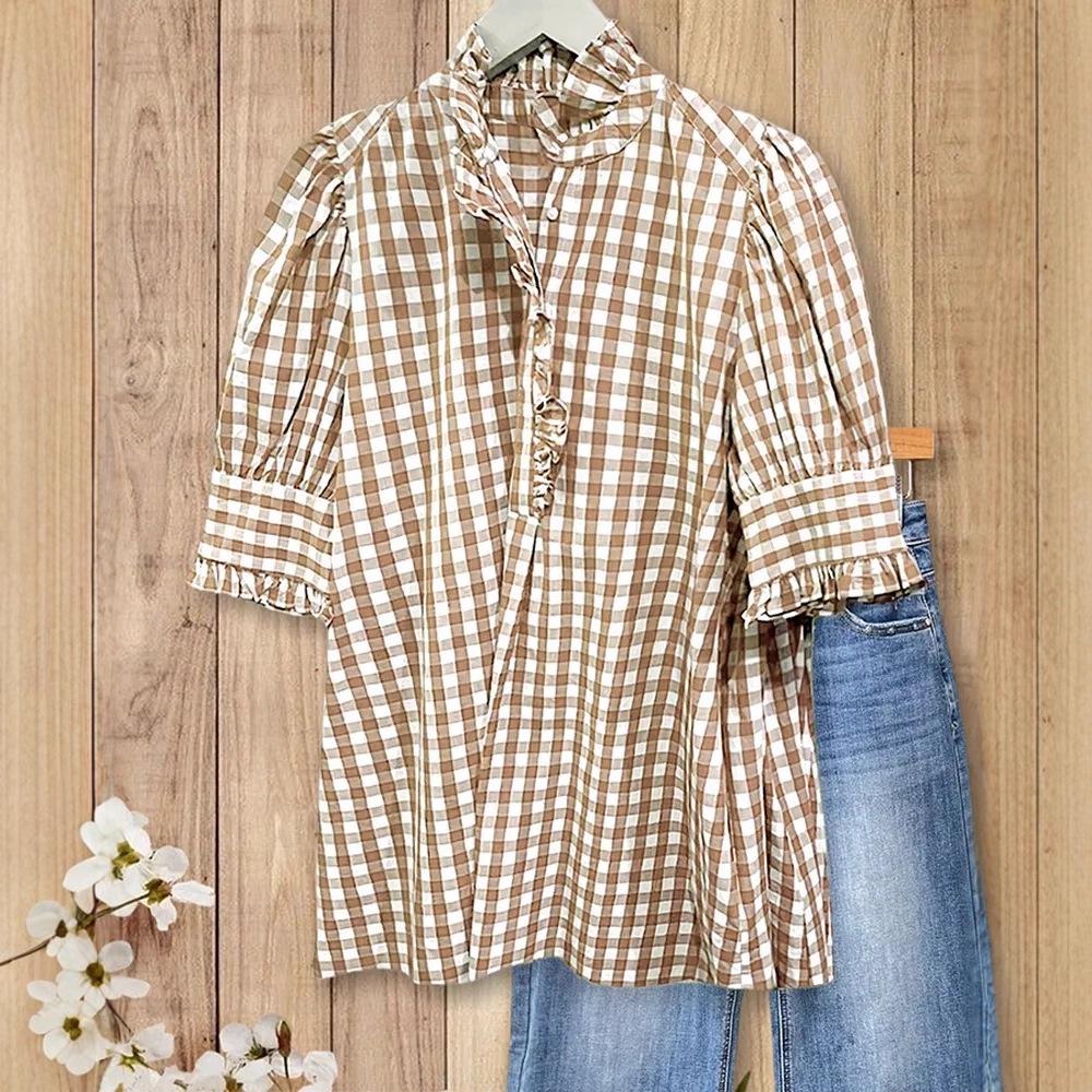 Клетчатый топ с оборками и коротким рукавом - Летний женский модный must-have