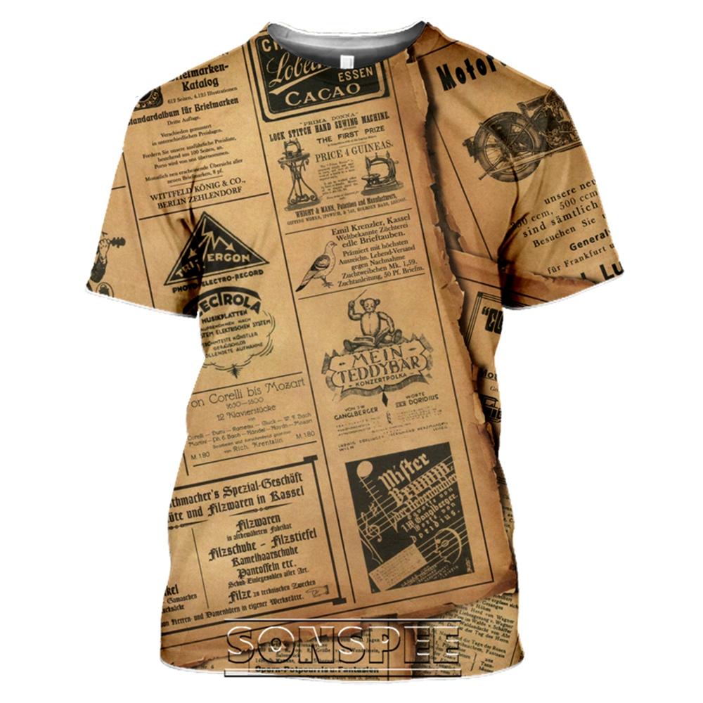 Футболки со старой газетой, мужские и женские повседневные модные футболки в стиле хип-хоп с 3D принтом, уличная одежда с короткими рукавами, винтажные топы, рубашки