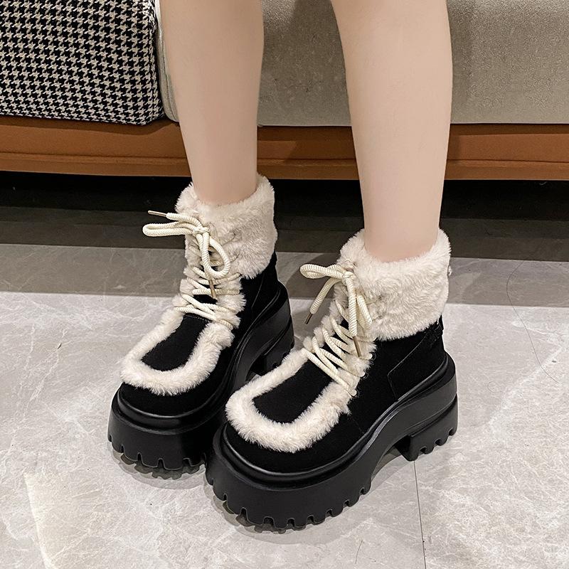 Women's Soft Lace-up Elastic Winter Warm Cold Padded Snow Boots Thick Bottom Non-slip Wear-resistant Outdoor Leisure Sports Fur Cotton Boots