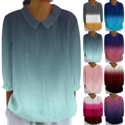 Женская мода, кукольный воротник, семь рукавов, свободная рубашка с градиентом, повседневный топ на пуговицах в стиле пэчворк