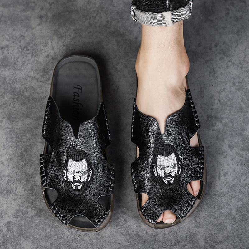 Летние мужские тапочки на плоской подошве, очень широкие сандалии, уличные пляжные повседневные кожаные сандалии с открытым носком, мягкие прогулочные сандалии