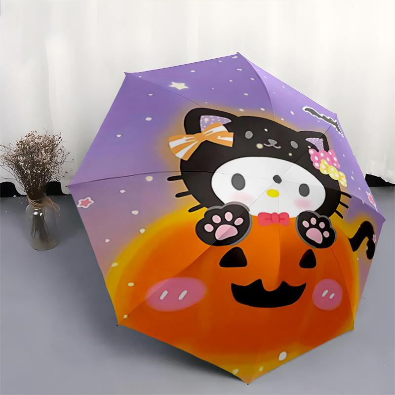 1pc Hello Kitty Halloween Pumpkin Jack-o'-Lantern Automatic Opening Folding Umbrella with 8-Bone Iron Frame, Perfect for Outdoor Use, Festive Gifts, T