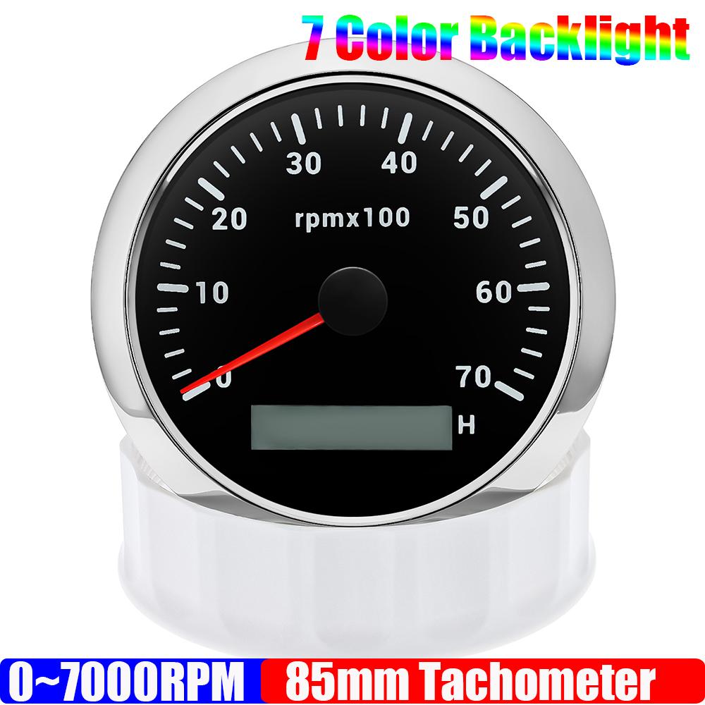 85MM Diesel Engine Tachometer 3000/4000/6000/8000 RPM Gauge REV Counter with Digital Hourmeter 7 Color Backlight 12V 24V