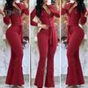 Women Fall Spring Jumpsuit Lapel Half Single-breasted Solid Color Long Sleeve Slim Fit Flared Cuff Low-cut Belted High Waist Elastic Lady Long