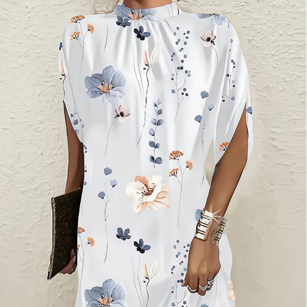 YYFS Women's Fashion Summer Spring Flower Pattern Print 1/2 Sleeves O-Neck Middle Waistline Casual Dresses